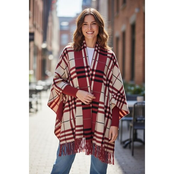 NEW Colleen Lopez Womens Plaid Fringed Wrap Shawl XL Red Black Cozy Chic Cape - Picture 1 of 10